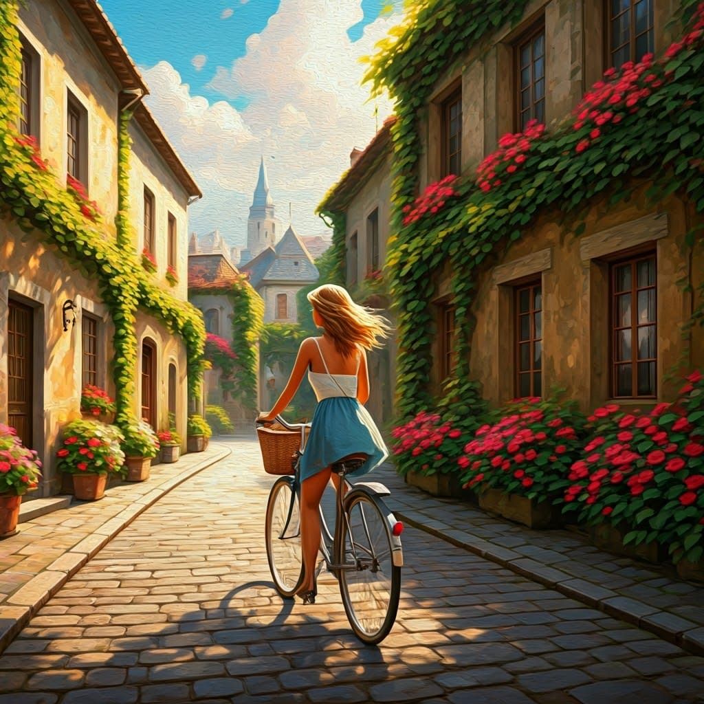 Woman on Bicycle in Oil Painting Style