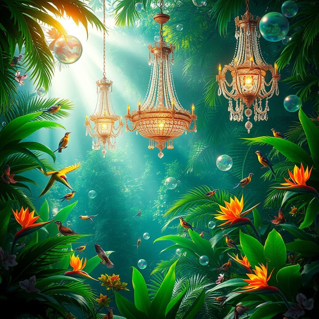 Heavenly Rainforest with Crystal Chandeliers and Ethereal Or...
