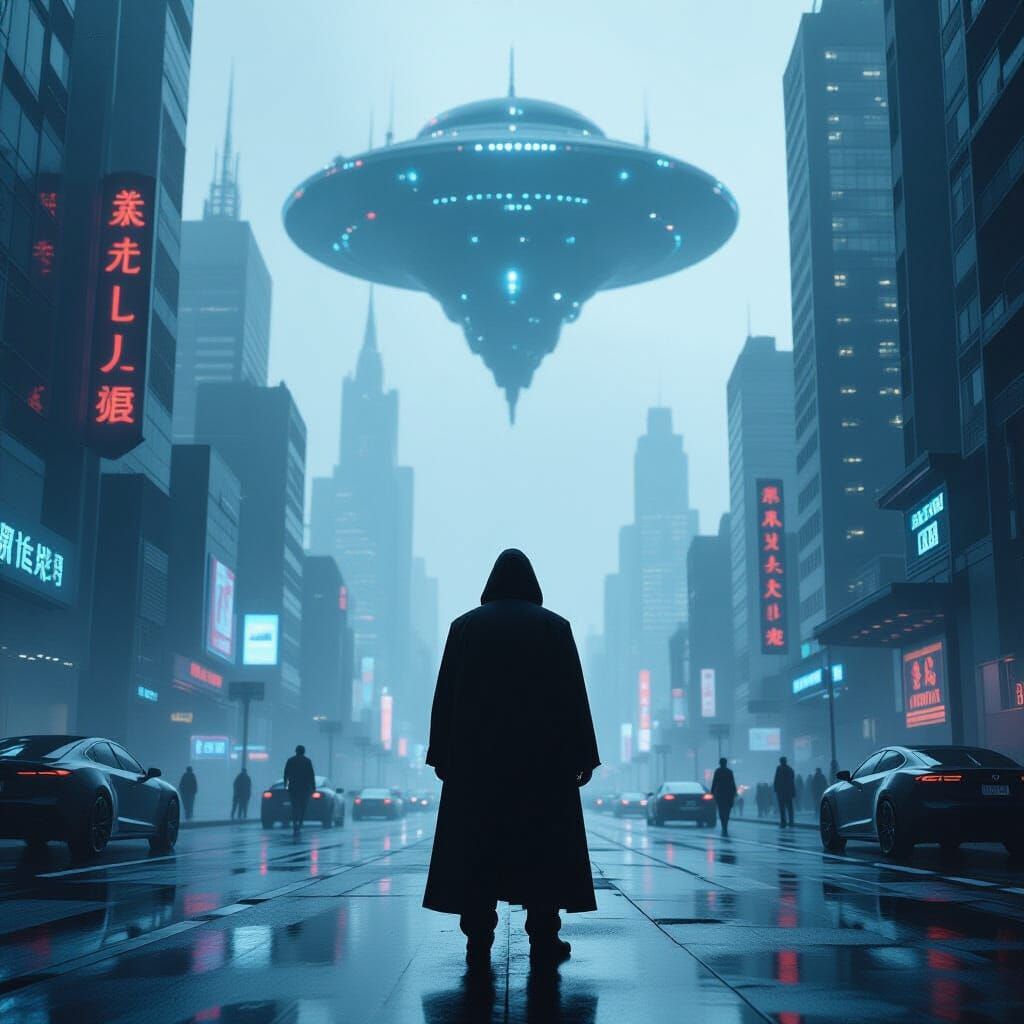 Sinister Figure in Shadowy Futuristic City