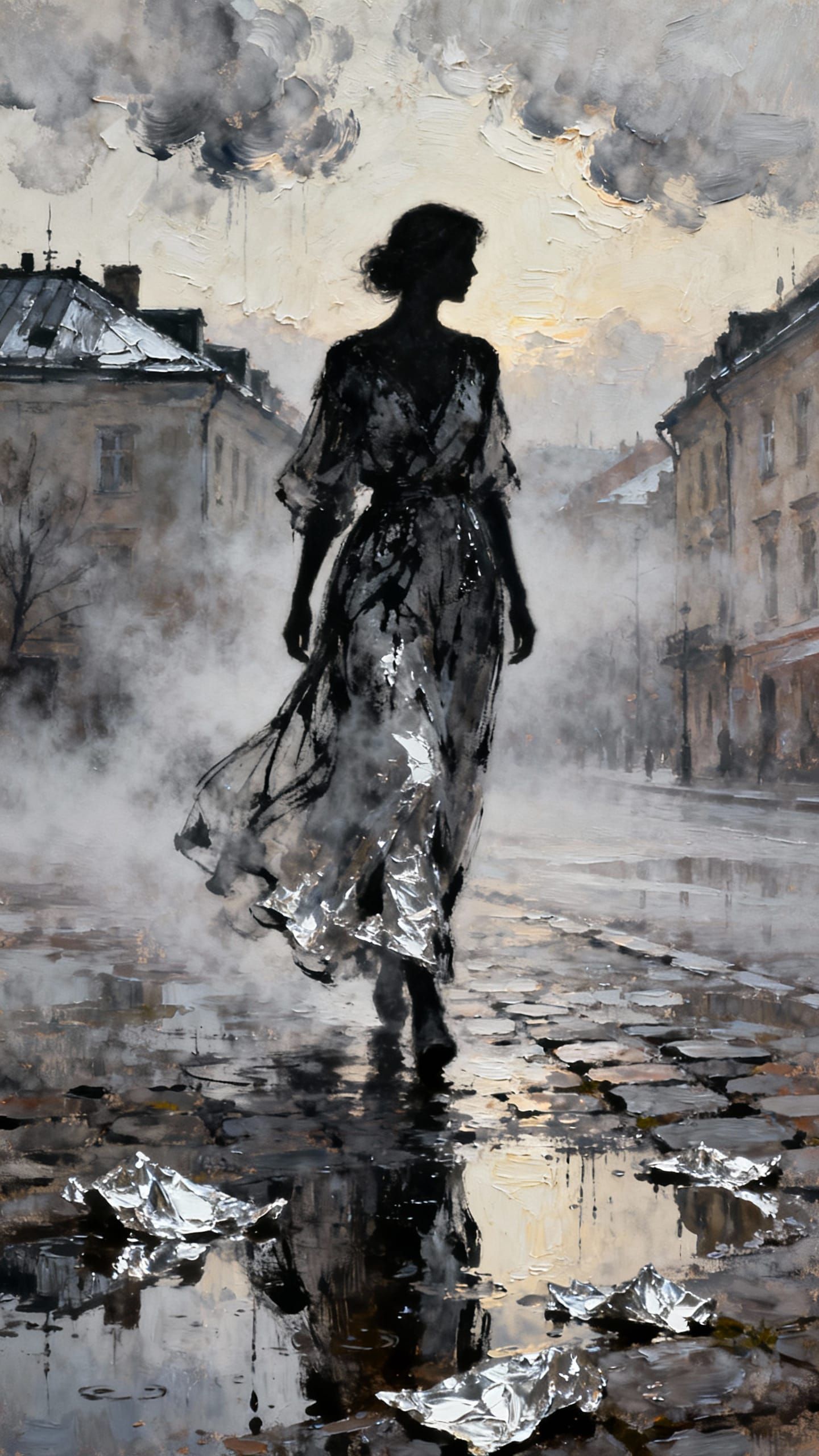 Woman in Foggy European City Reflections