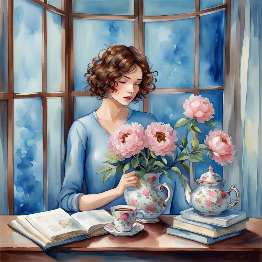 Girl with Peonies in Vase: Watercolor Painting