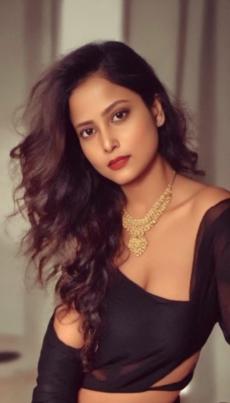 Indian Girl in Black Saree, Realistic Portrait