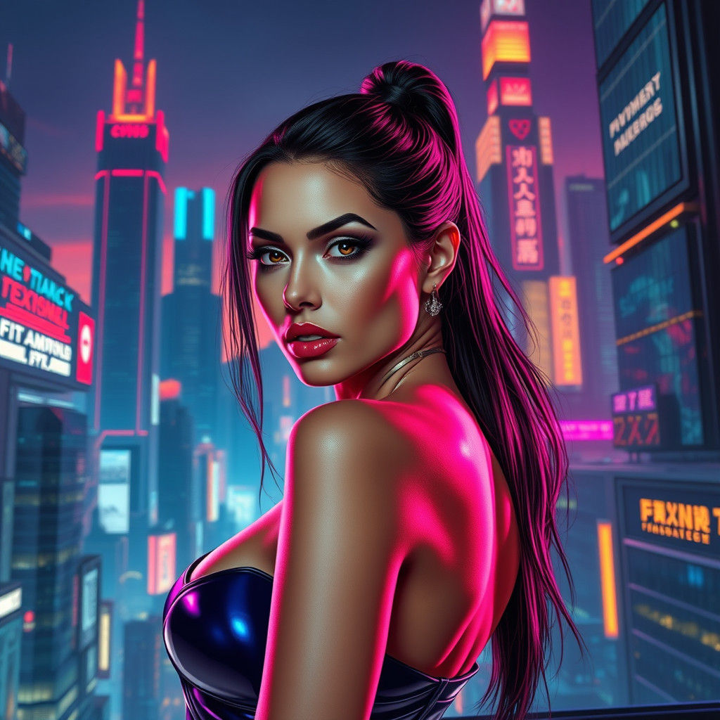 Hypermodern Model in Neon Cityscape