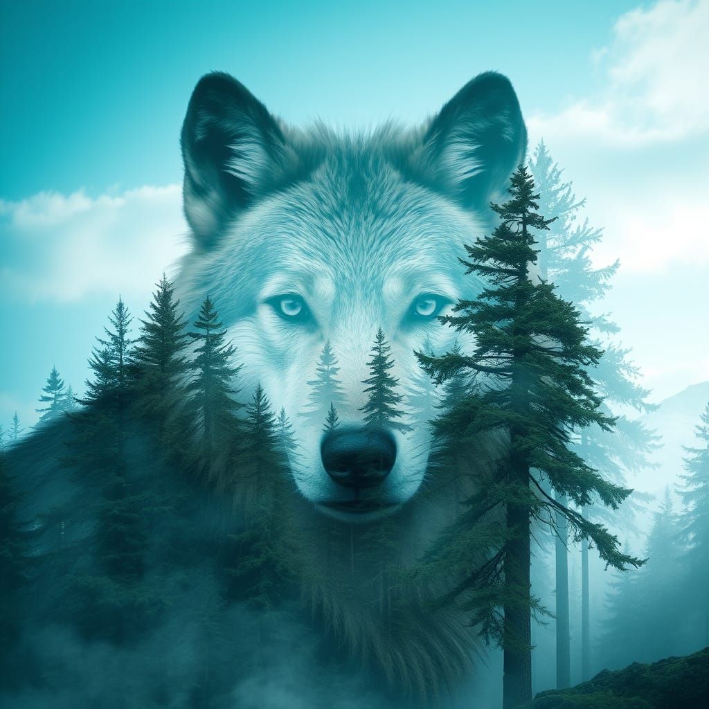 Surreal Wolf Emerges from Turquoise City into Fantasy Forest