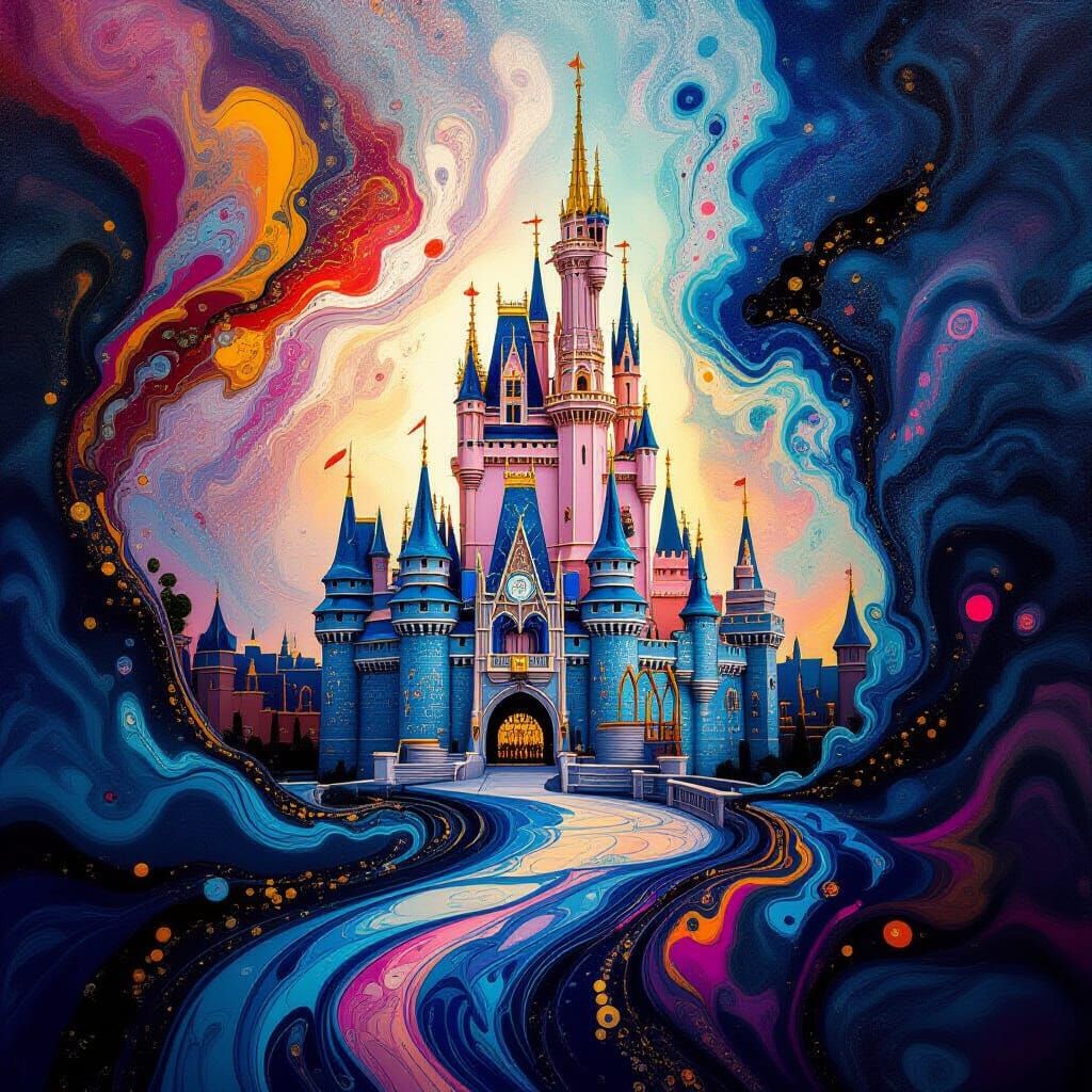 Iridescent Paint Castle Silhouette in Fluid Art Style