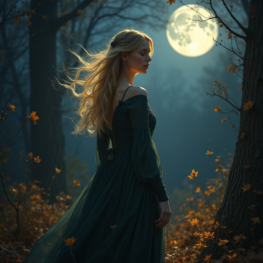 Celtic Witch in Moonlit Woods Fantasy Scene