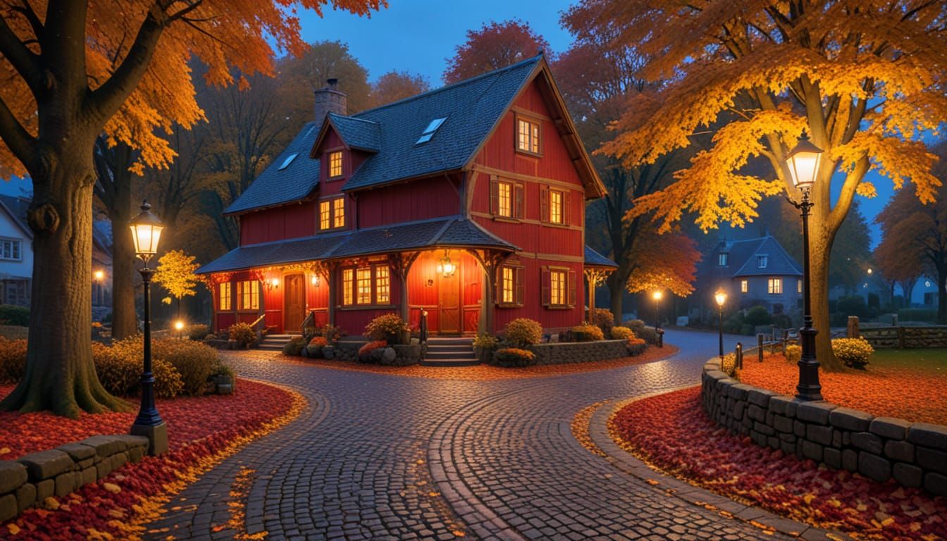 Autumn Village Scene in Warm Colors
