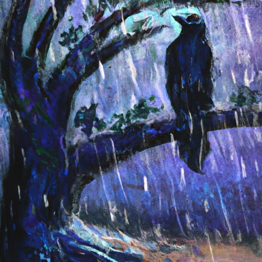 Crow Watching Rain in Gouache Impressionist Style