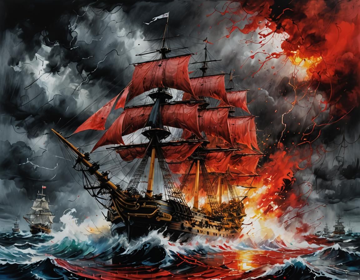 Chaotic Naval Battle Painting in Vibrant Colors