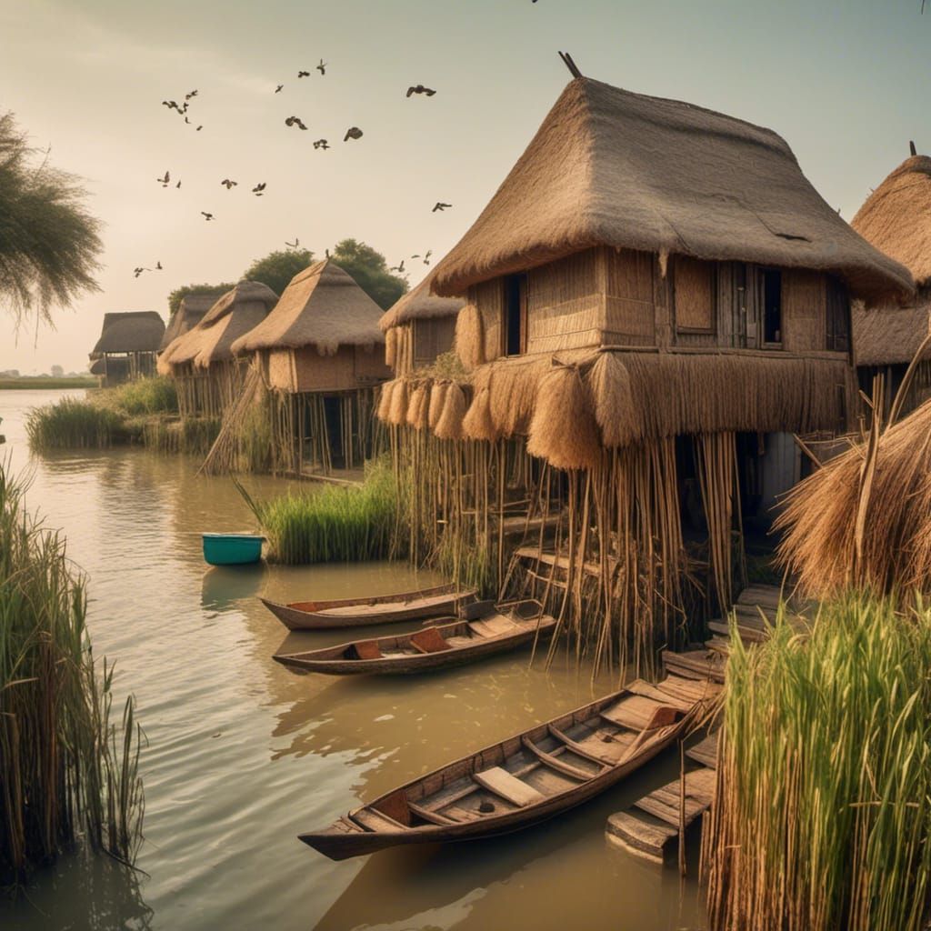 Thatched Stilt Houses on Lake with Waterfowl