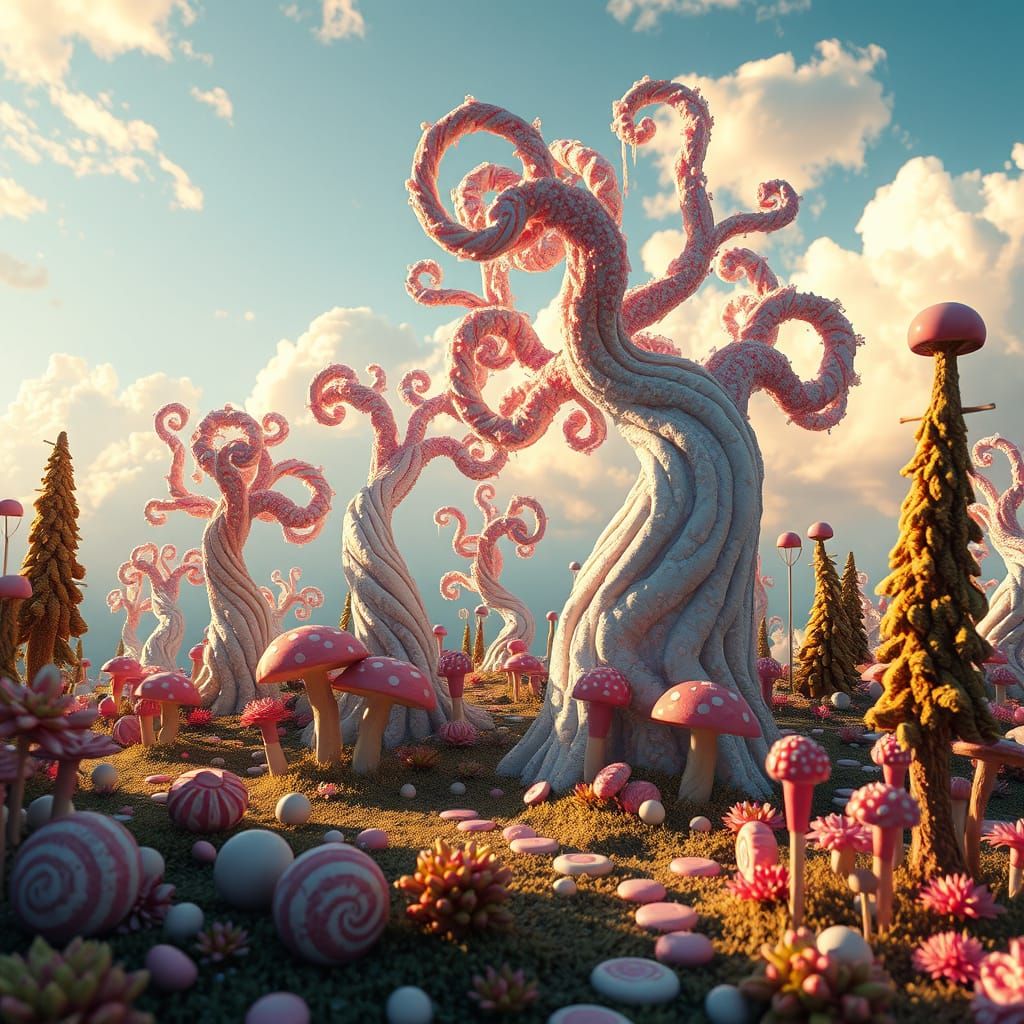 Whimsical Sugar Crystal Forest Under Vibrant Cotton Candy Sk...