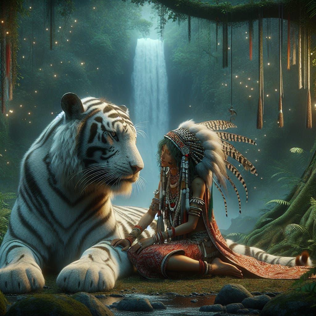 Affectionate Elephant Woman and Tiger in Forest Clearing