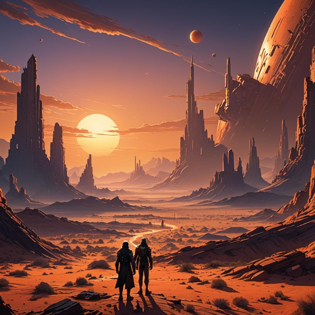 Desert Planet Binary Sunset Sci-Fi Landscape