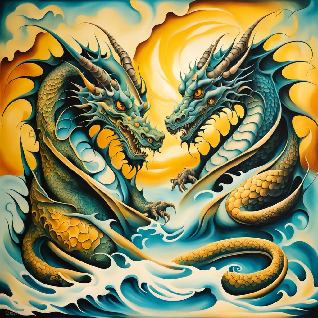 Surrealist Tattoo Design: Dragons Fighting