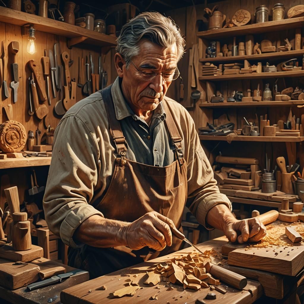Wood Carver in Workshop: Photorealistic Concept Art