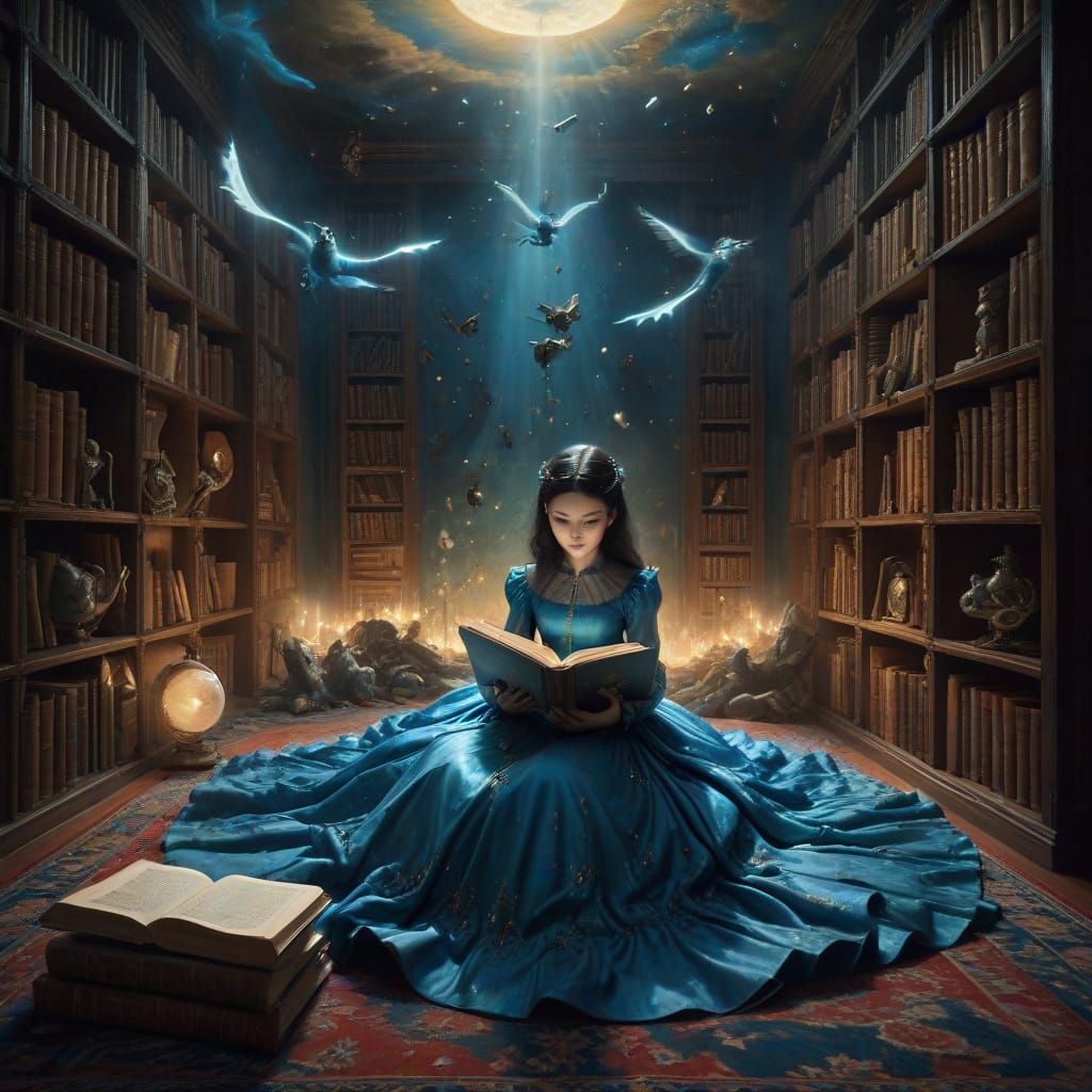 Surreal Library of Dreams in Metallic Blue