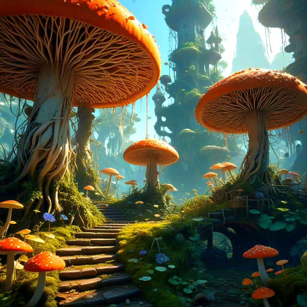 City Enveloped in Vibrant Fungi and Lush Greenery in Cyberpu...