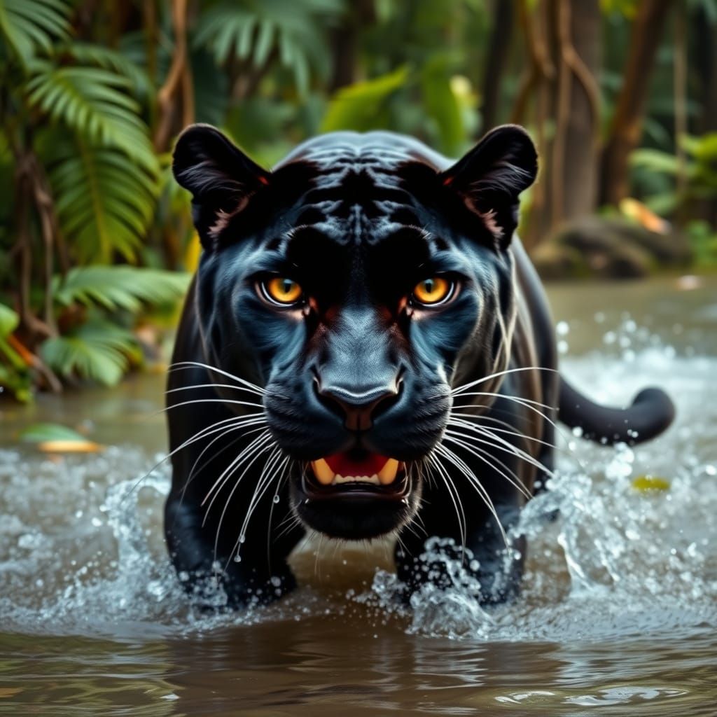 Black Panther Running in Rainforest River