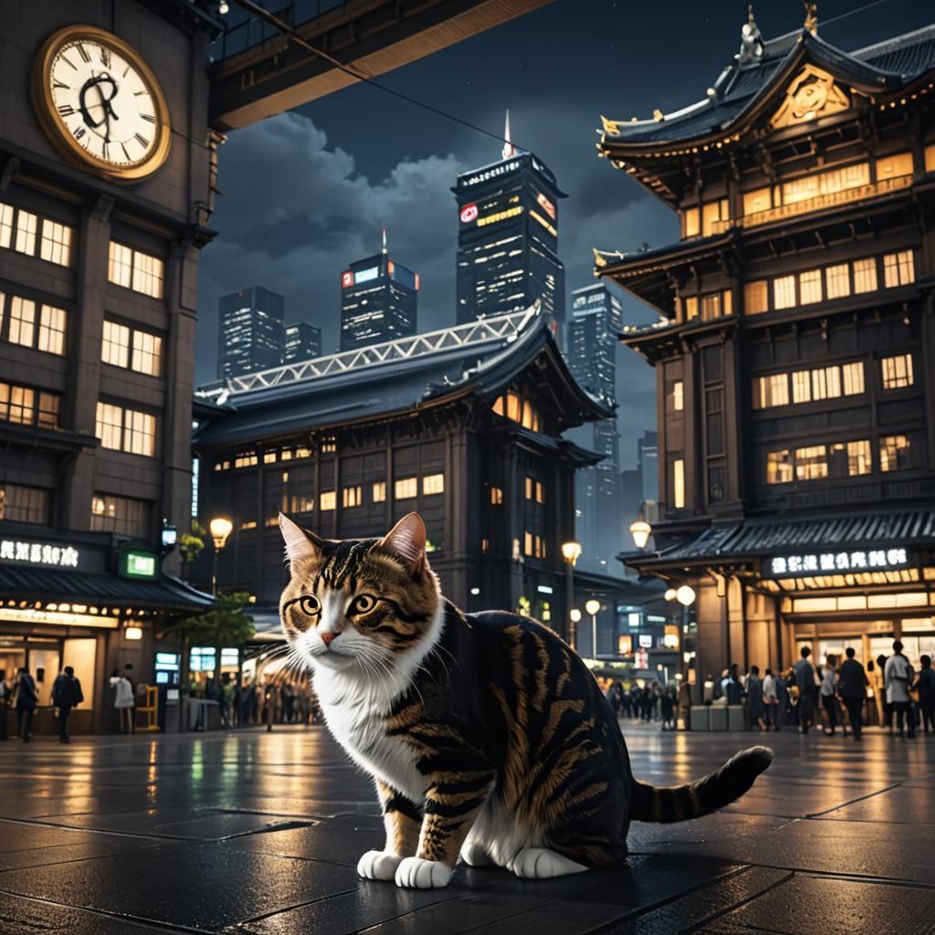 Osaka Station Cat at Night: Detailed Matte Painting