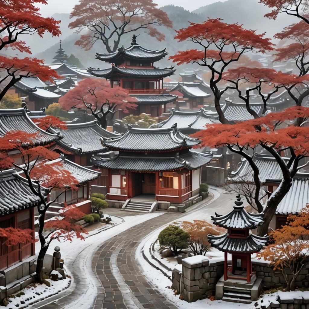 Snowy Asian Village Street in 3D Anime Style