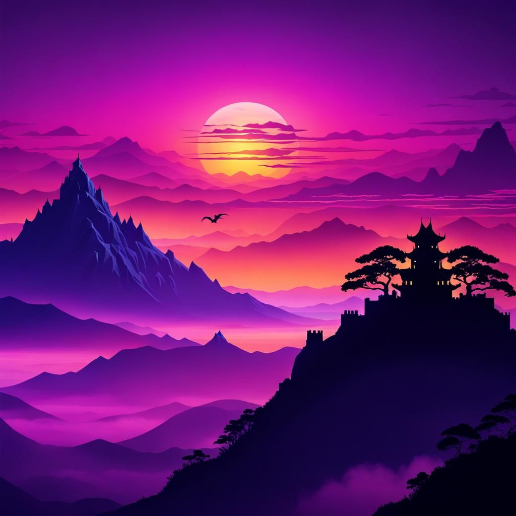 Majestic Sunset Castle with Dragon Silhouette