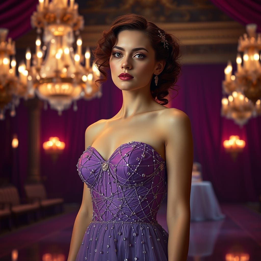 Elegant Woman in Whimsical Ballgown with Amethyst Shimmering...
