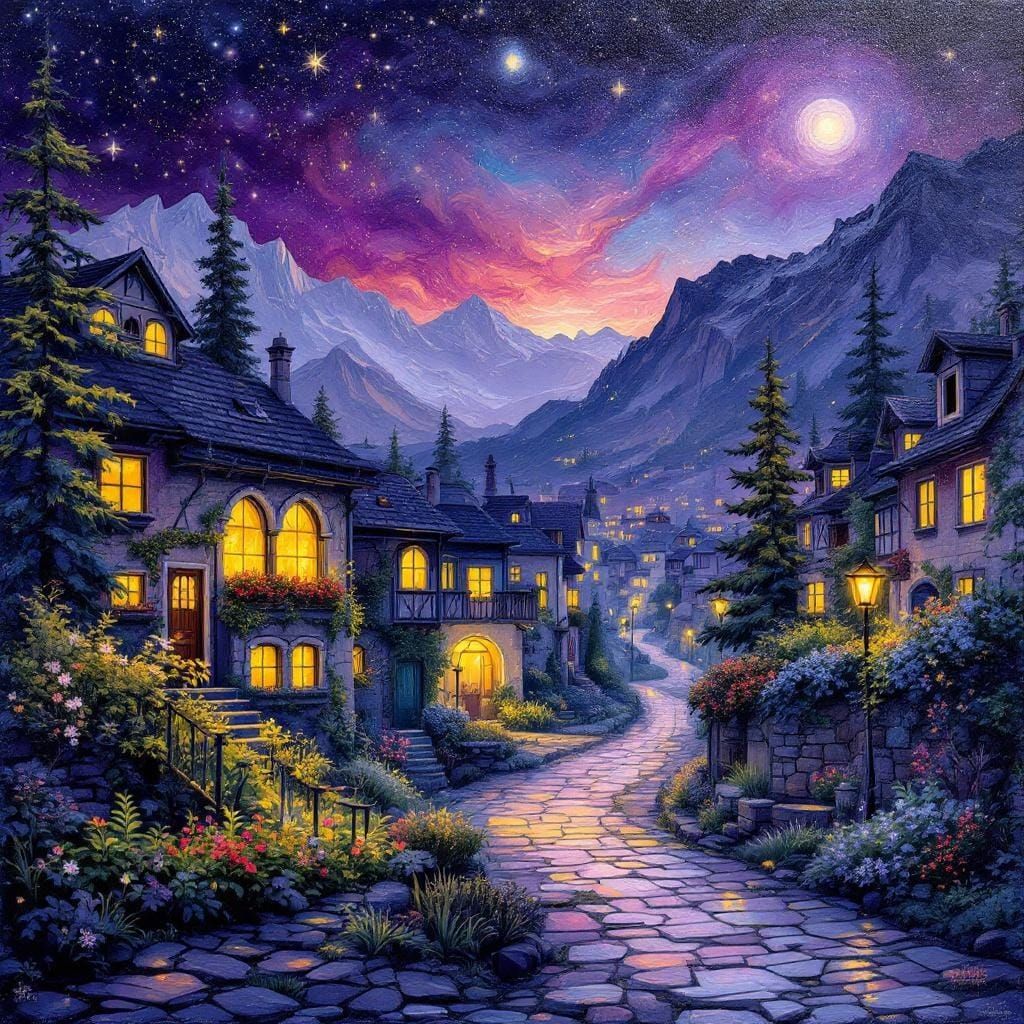 Mountain village at night