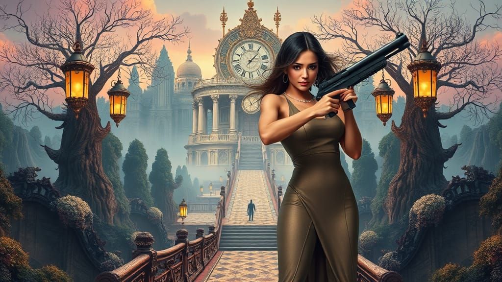 Ethereal Gun-Toting Woman in Surreal Fantasy Landscape
