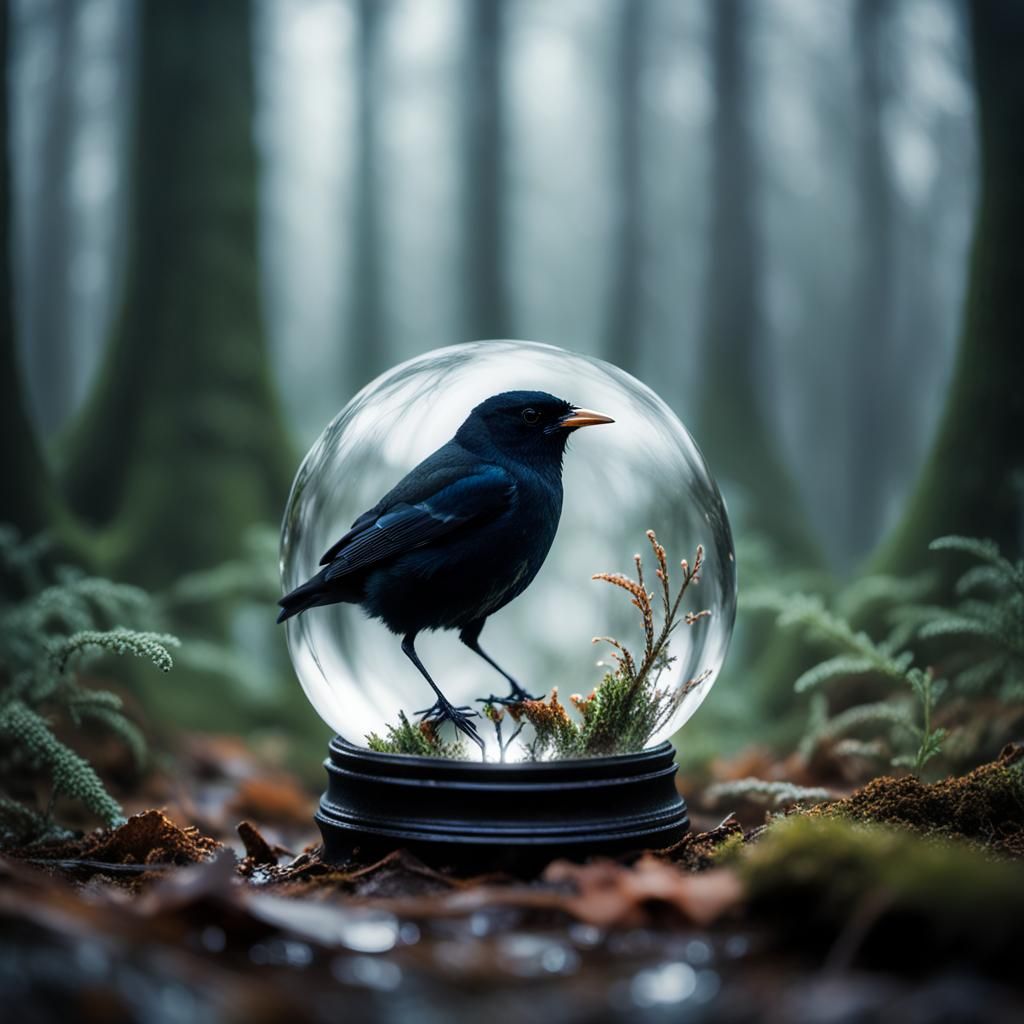 Blackbird in Crystal Ball: Macro Mystical Forest Scene