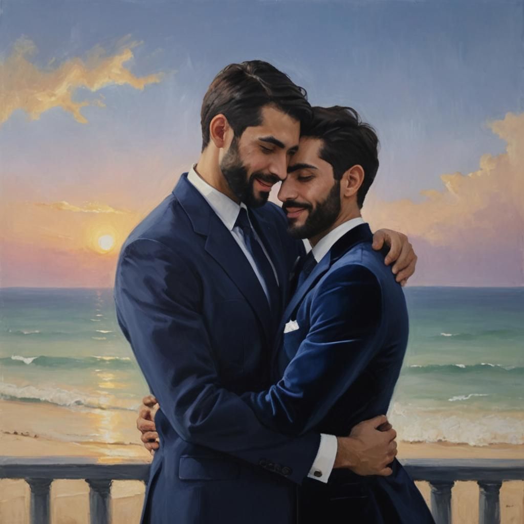 Gay Couple in Velvet Suits: Impressionist Oil Painting