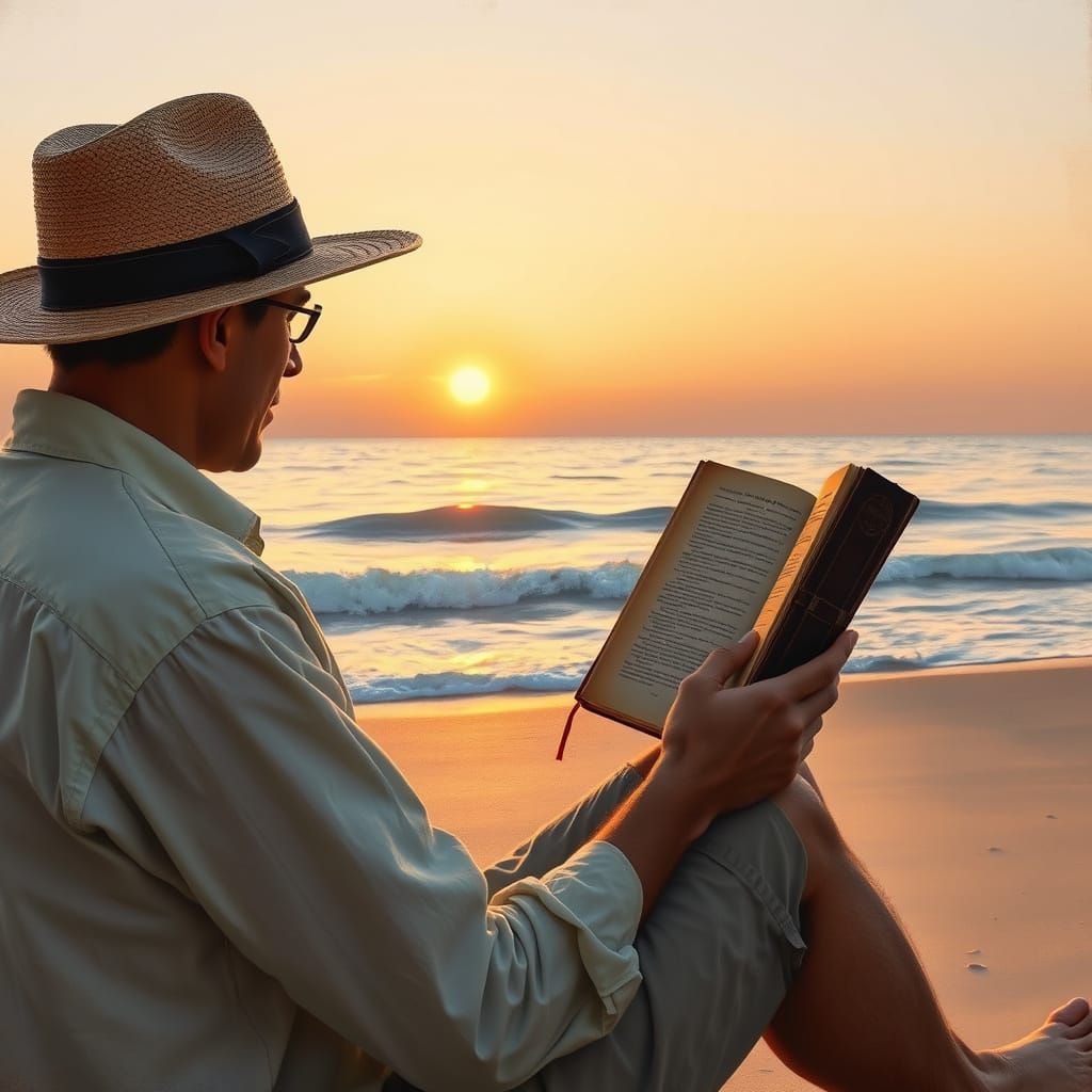Man Reading Book on Beach at Sunset, Oil Painting Style