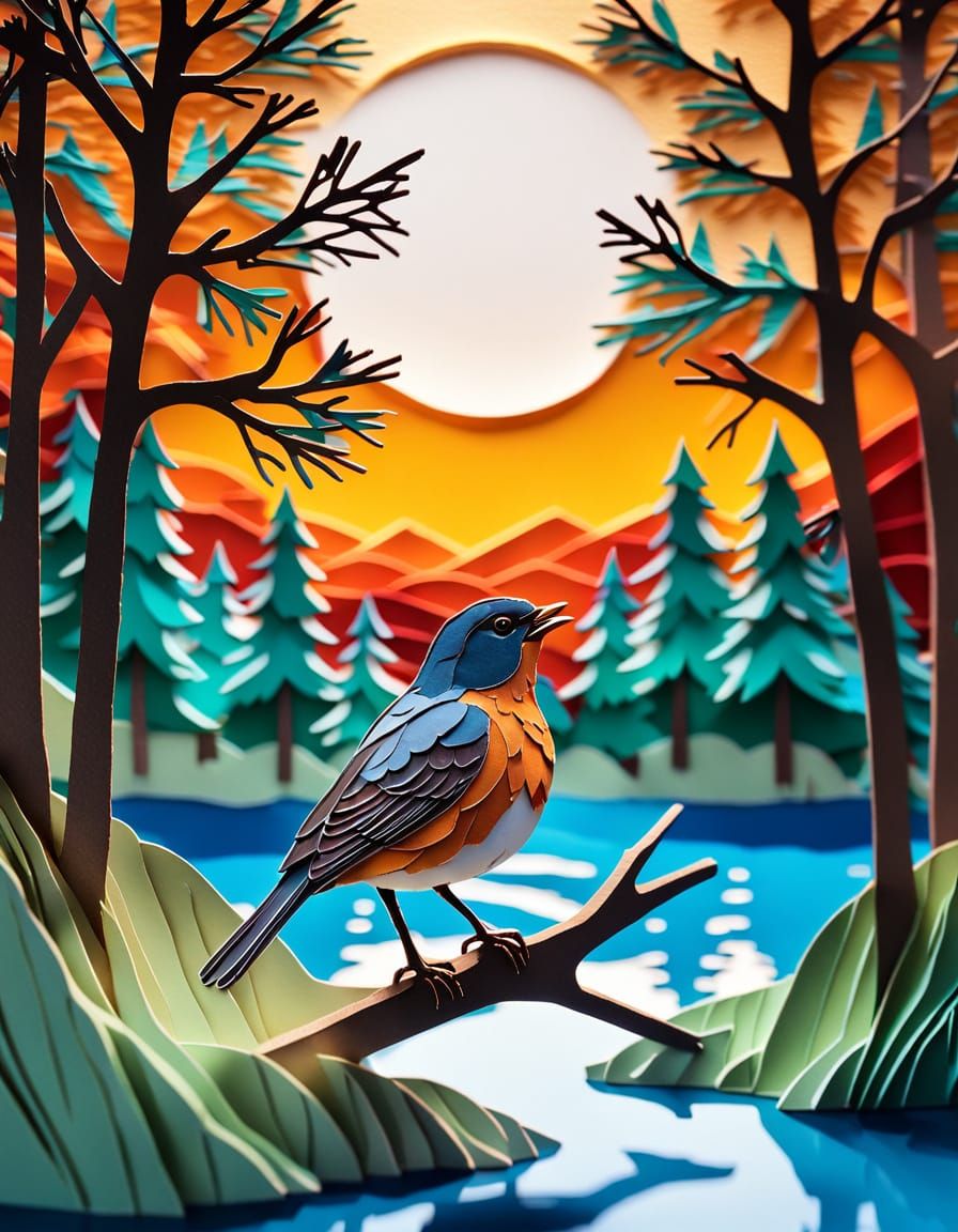 Vivid Paper Cut Art: Singing Robin at Sunrise Lake
