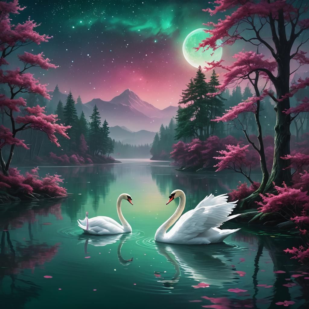 Emerald Lake: Swans Under Cerise Sky
