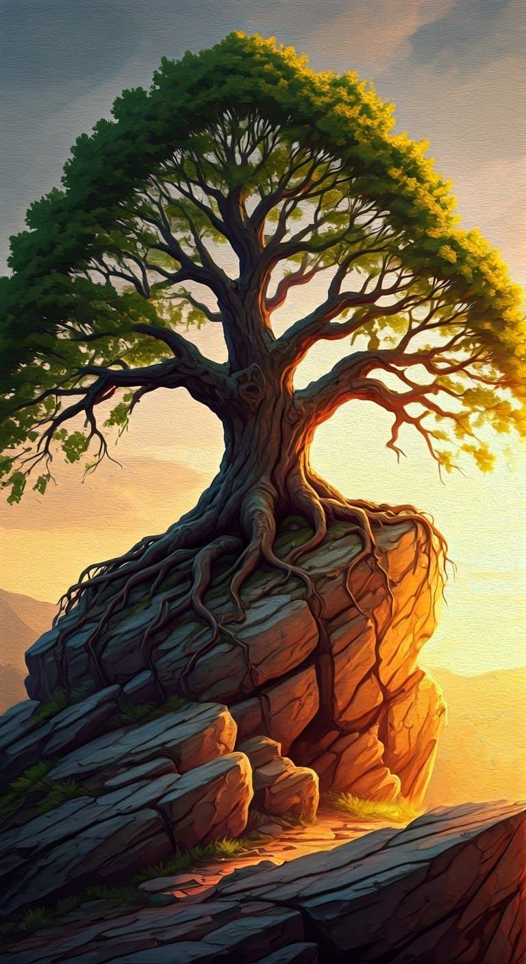 Ancient Oak Tree Defies Elements on Rocky Outcrop in Vibrant...