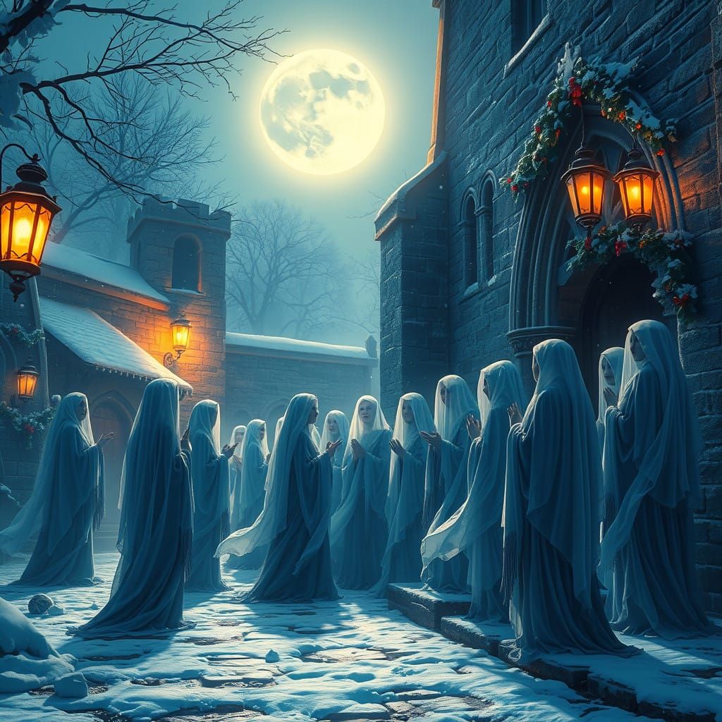 Ethereal Christmas Choir in Mystical Snow-Covered Churchyard
