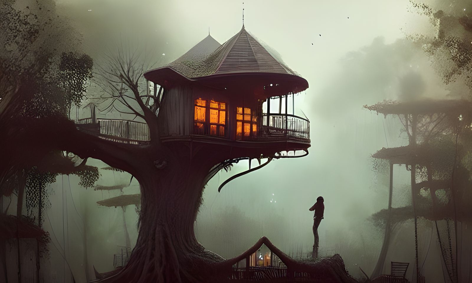 Intricate Treehouse Spanning Oaks in Detailed Matte Painting