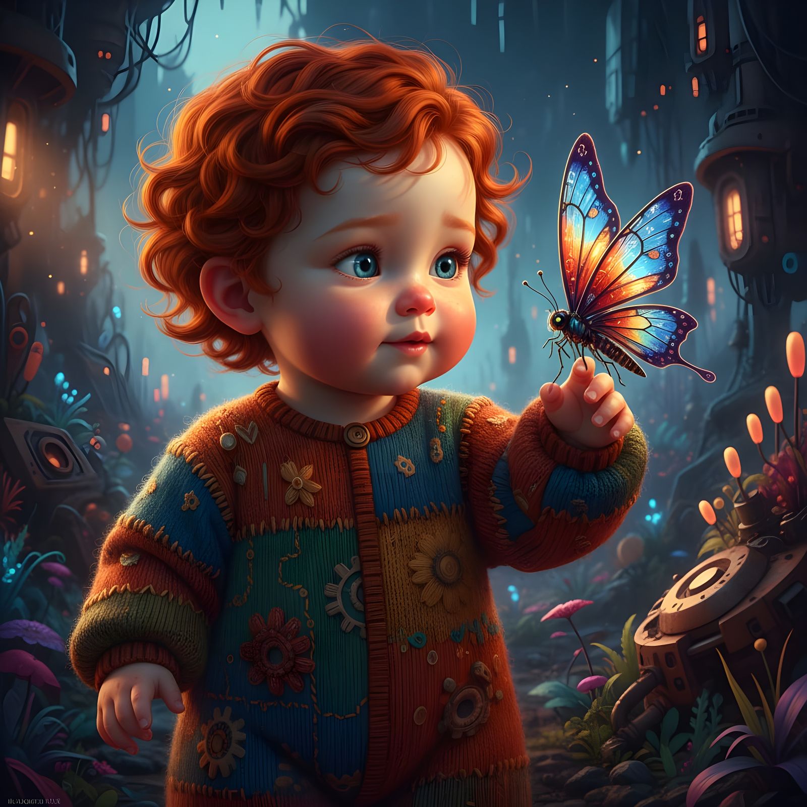 Redhead Baby Girl with Butterfly: Hyperrealistic Image