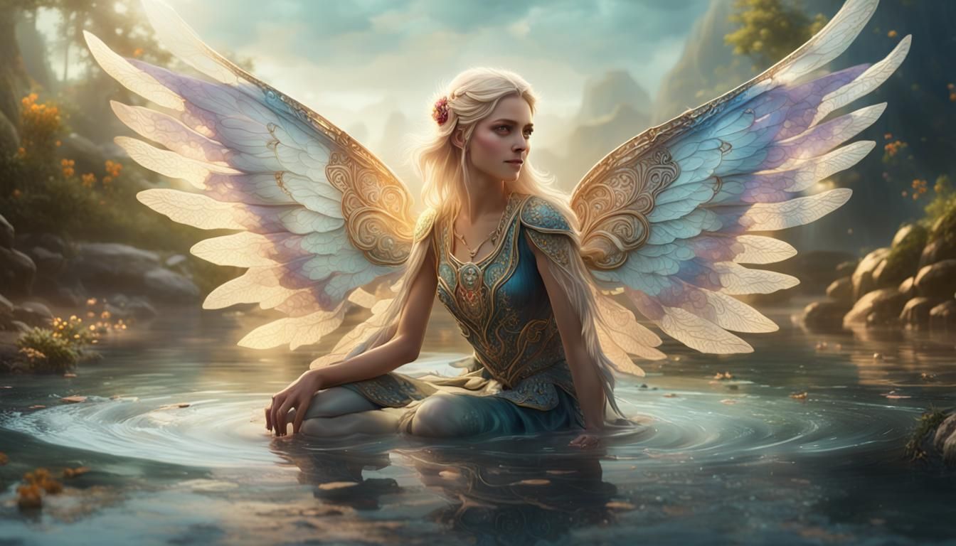 Mystical Woman with Wings in Shallow Water