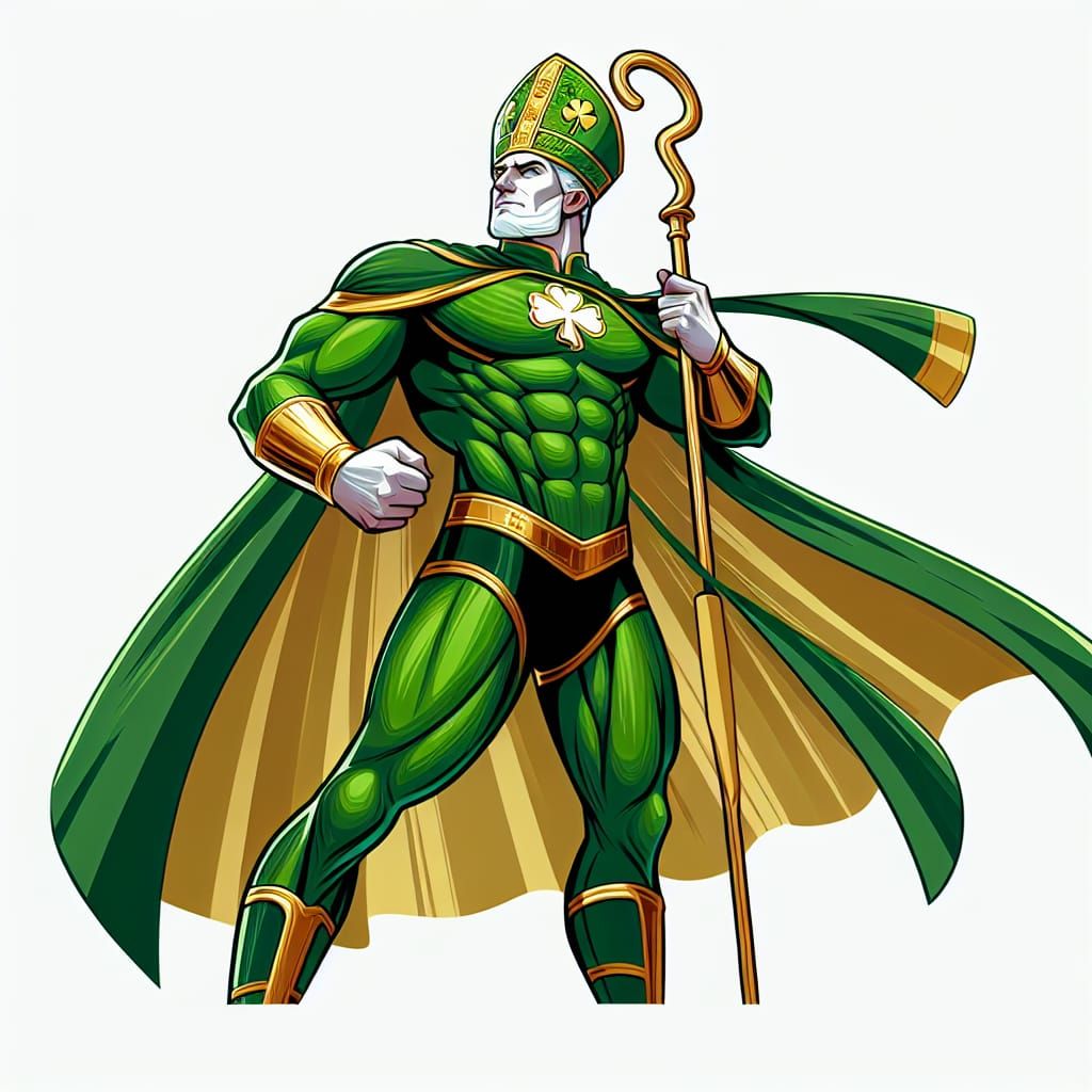 Saint Patrick as Spandex-Clad Superhero Illustration