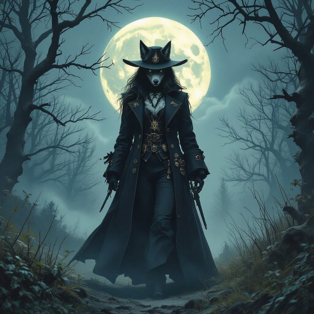 Lupine Werewolf Warlock in Moonlit Forest, Dark Art