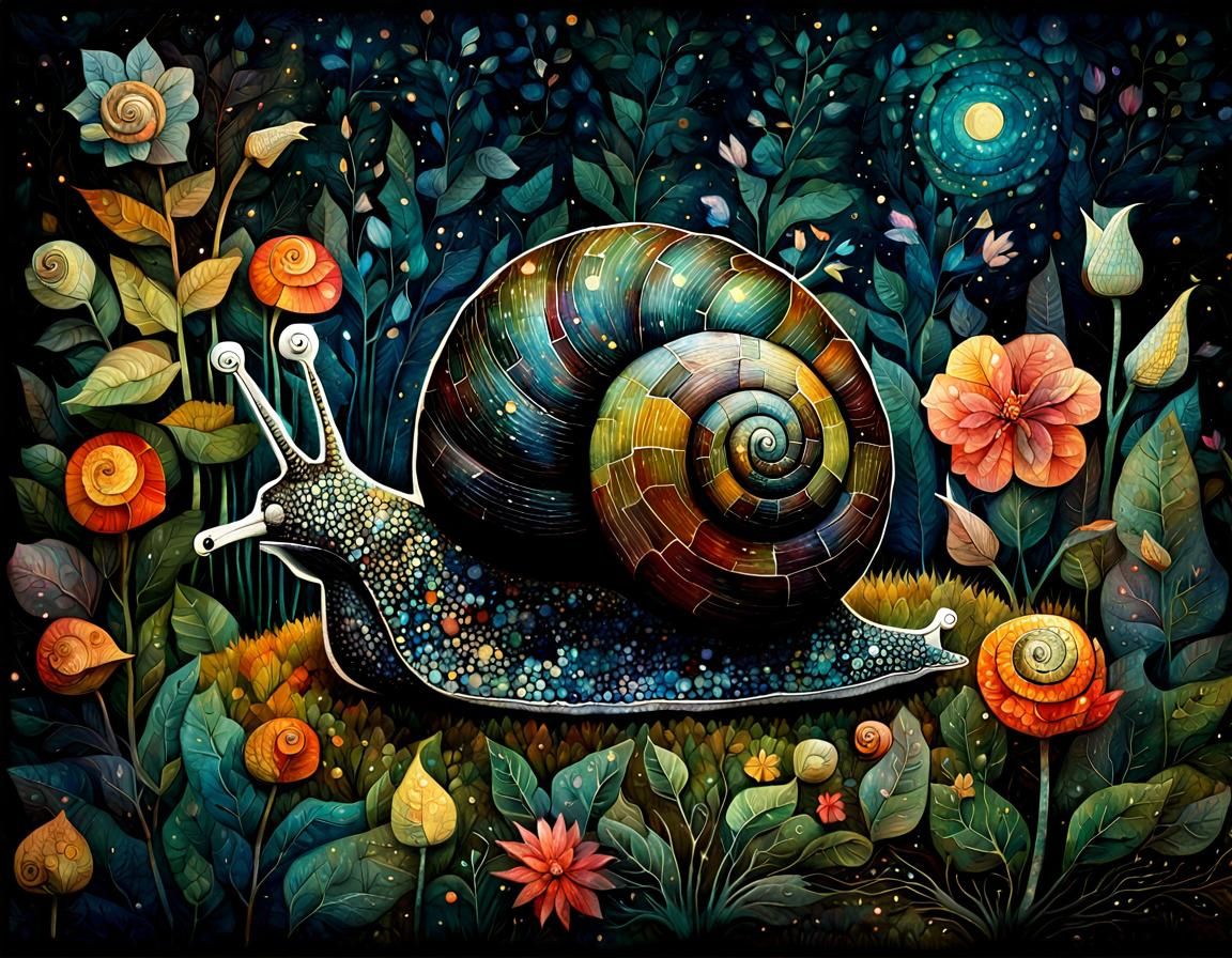 Surreal Snail in Night Garden, 3D Render