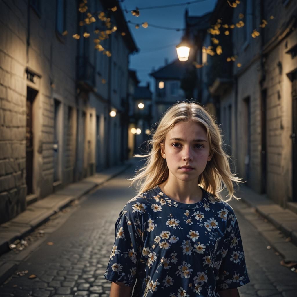 Girl Runs on Dark Street: Cinematic Portrait