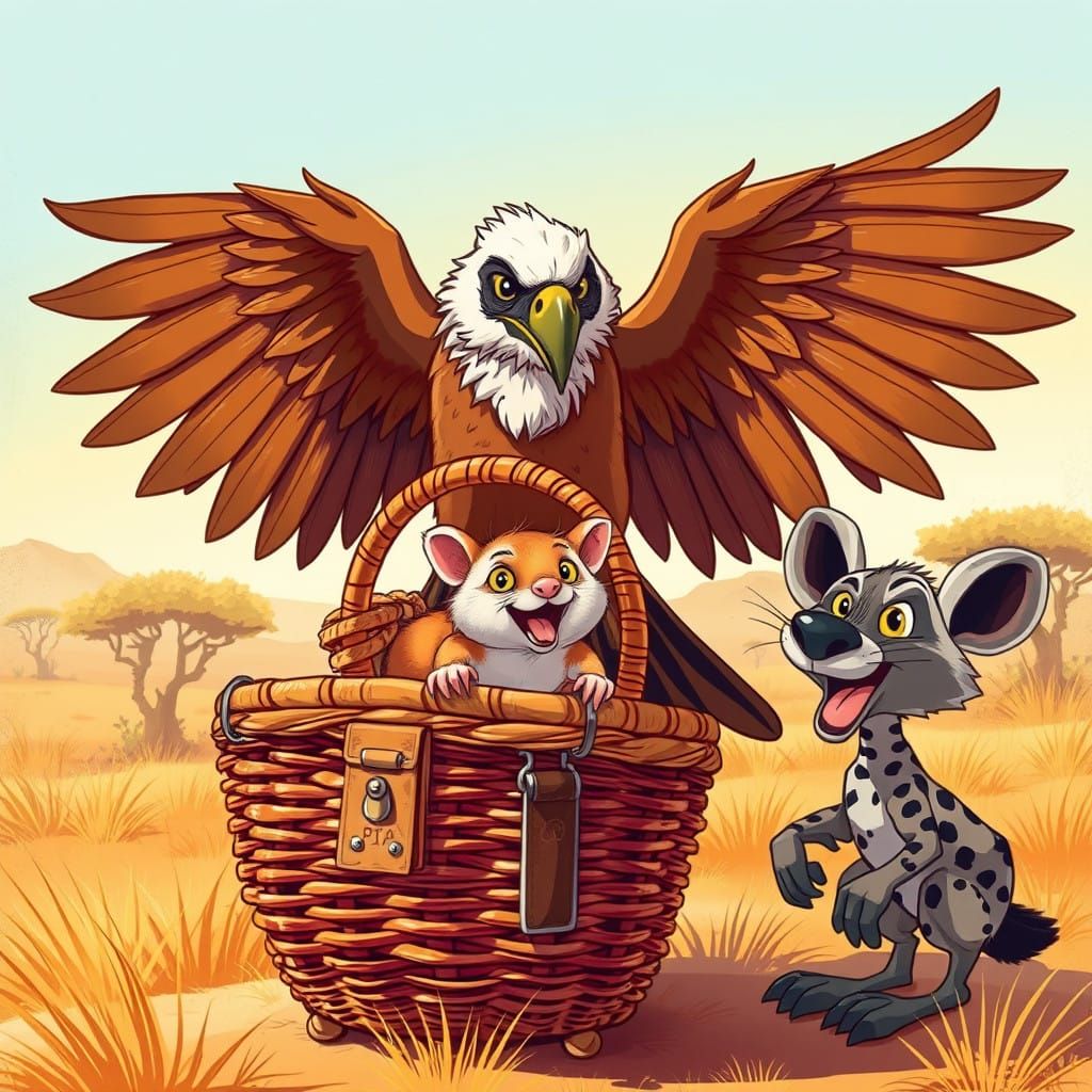 hawk holding a hamster while a hyena laughs