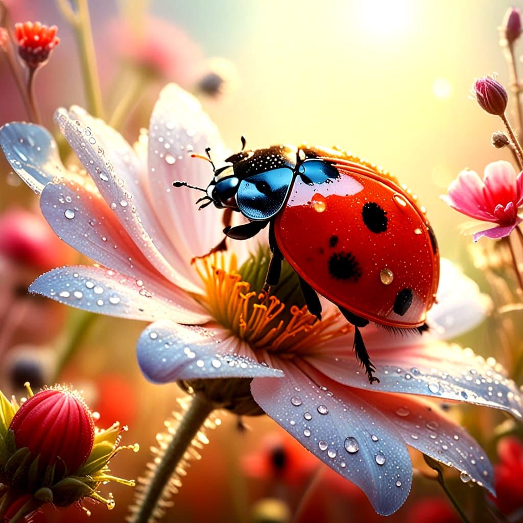 Ladybug in Dreamlike Meadow with Vibrant Wildflowers