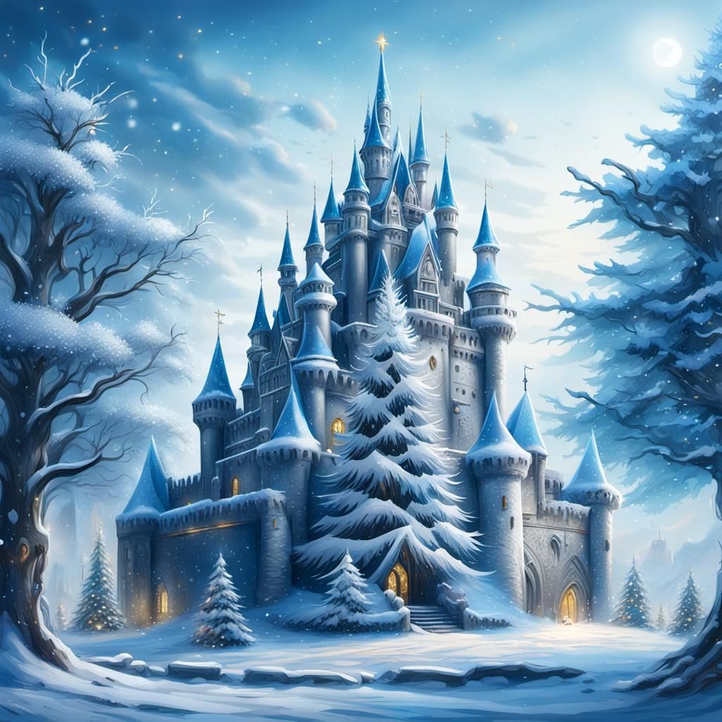 Surreal Fantasy Scene with Majestic Castle and Glowing Silve...