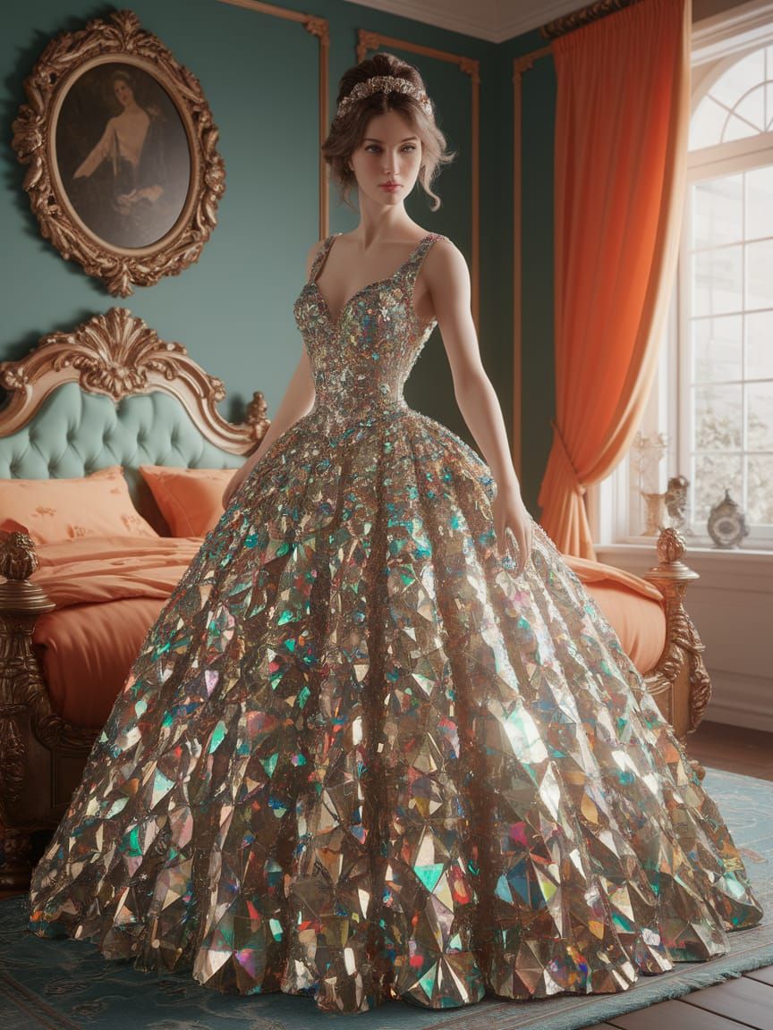 Woman in Glittering Glass Gown in Opulent Bedroom, Impressio...
