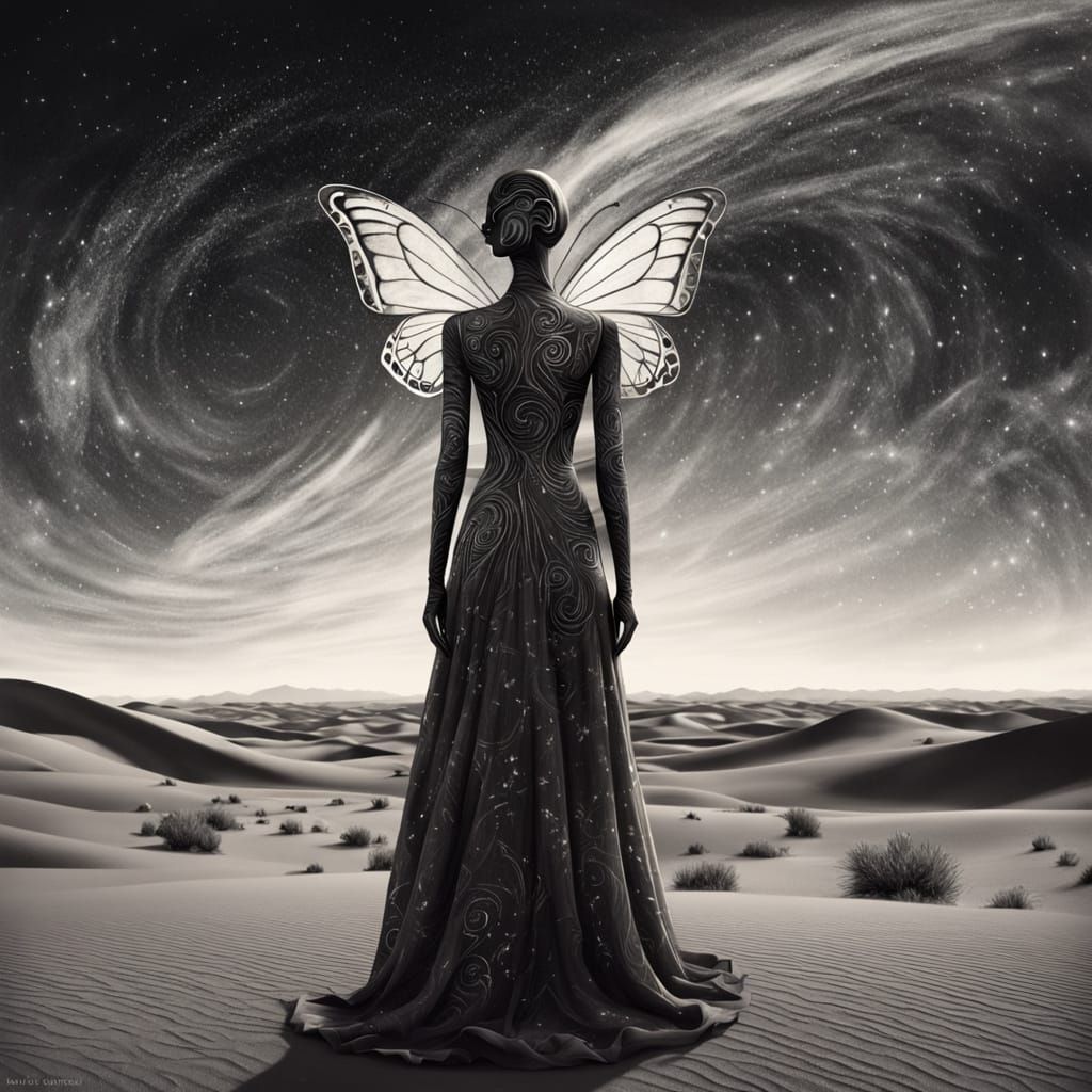 Ethereal Mannequin Under Swirling Galaxies: Charcoal Drawing