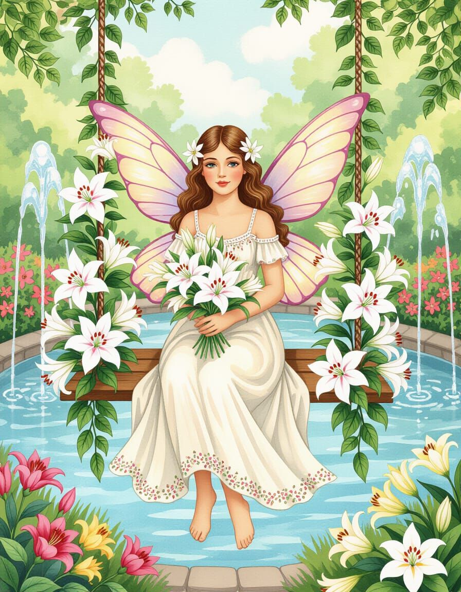 Vintage Fairy with Lilies in Watercolor Style