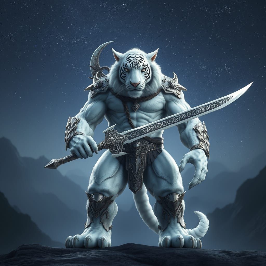 Majestic White Tiger Bipedal Warrior Stands Tall in Snowy Mo...