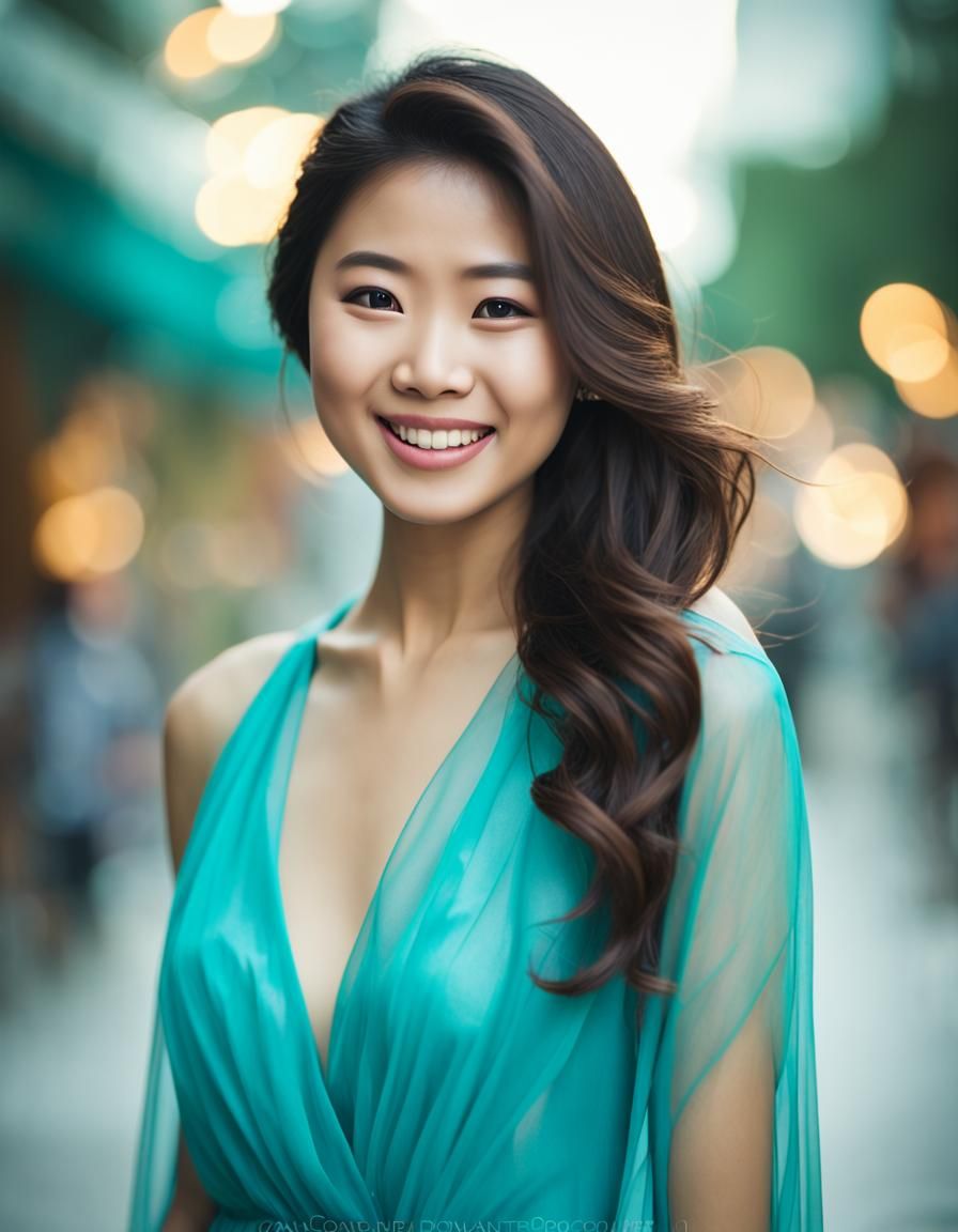 Serene Asian Woman in Turquoise Gown Portrait
